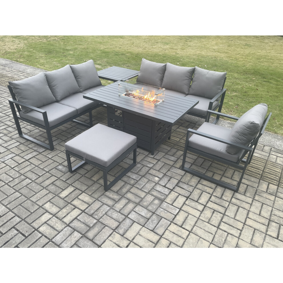 Aluminium 6 Pieces Garden Furniture Sofa Set with Cushions 8 Seater Gas Fire Pit Dining Table Set with Side Table Big Footstool