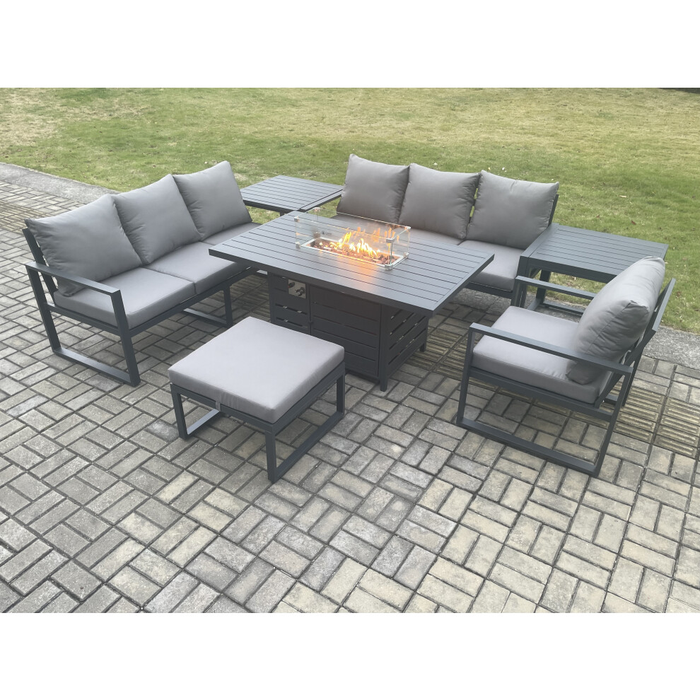 Fimous Dark/Grey Aluminium 7 Pieces Garden Furniture Sofa Set With Cushions 8 Seater Gas Fire Pit Dining Table Set With 2 Side Tables Big Footstool - Image 3