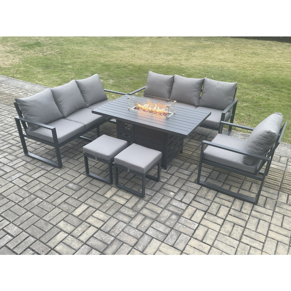 Rackhams Dark/Grey Aluminium 6 Pieces Garden Furniture Sofa Set With Cushions 9 Seater Gas Fire Pit Dining Table Set With 2 Small Footstools - Image 3