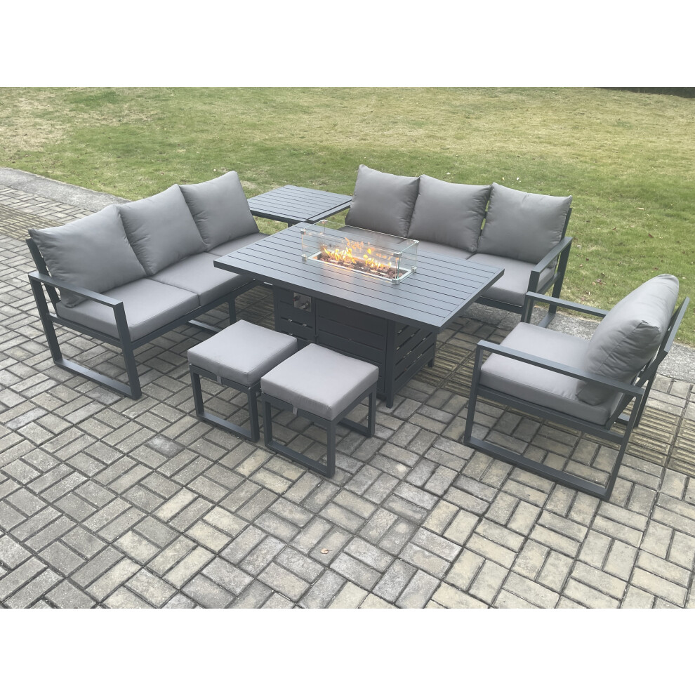 Fimous Dark/Grey Aluminium 7 Pieces Garden Furniture Sofa Set With Cushions 9 Seater Gas Fire Pit Dining Table Set With Side Table 2 Small Footstools - Image 3