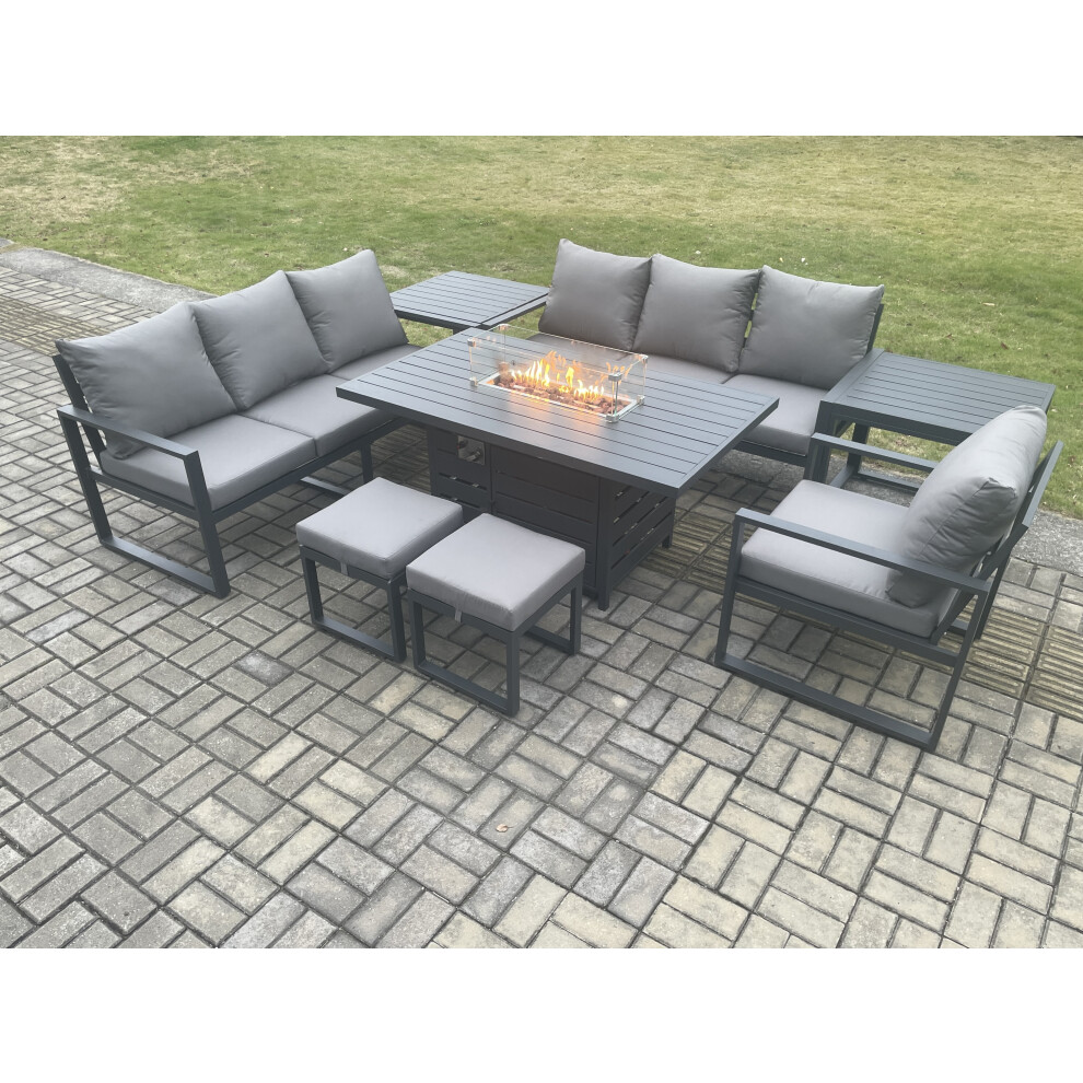 Fimous Unisex Dark Grey Aluminium Pieces Garden Furniture Sofa Set With Cushions 9 Seater Gas Fire Pit Dining Table Set With 2 Side Tables In Size 8 - Image 3