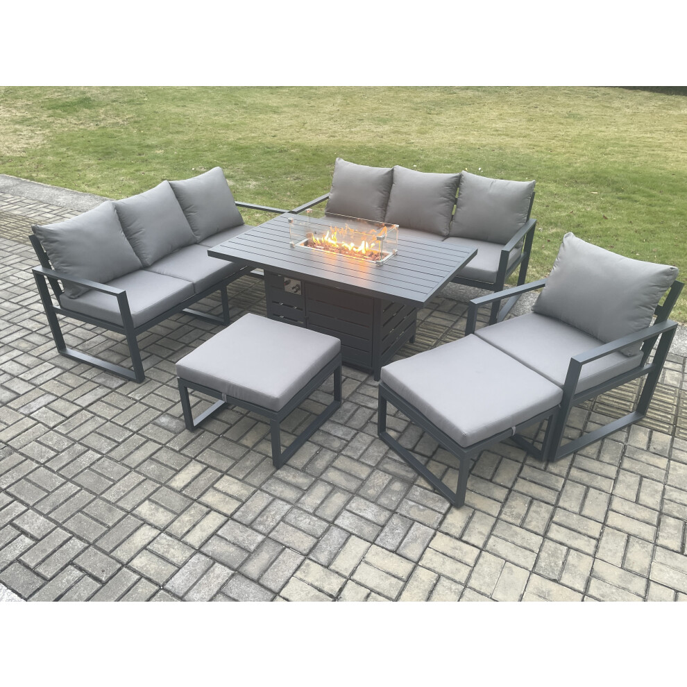 Fimous Aluminium 6 Pieces Garden Sofa Set 9 Seater Gas Fire Pit Dining Table Set 2 Big Stool S - Image 3
