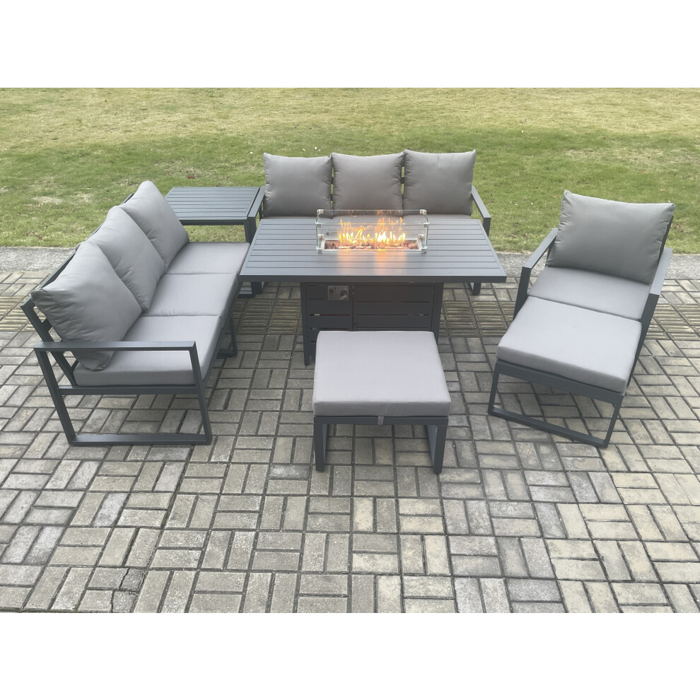 Rackhams Dark/Grey Aluminium 7 Pieces Garden Furniture Sofa Set With Cushions 9 Seater Gas Fire Pit Dining Table Set With Side Table 2 Big Footstools - Image 3