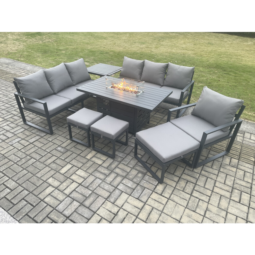 Rackhams Dark/Grey Aluminium 8 Pieces Garden Furniture Sofa Set With Cushions 10 Seater Gas Fire Pit Dining Table Set With Side Table 3 Footstools - Image 3