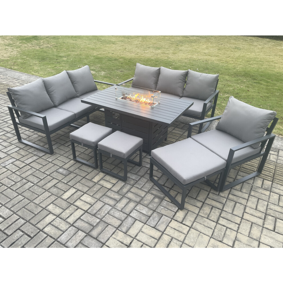 Fimous Unisex Dark Grey Aluminium Pieces Garden Furniture Sofa Set With Cushions 10 Seater Gas Fire Pit Dining Table Set With 3 Footstools In Size 7 - Image 3