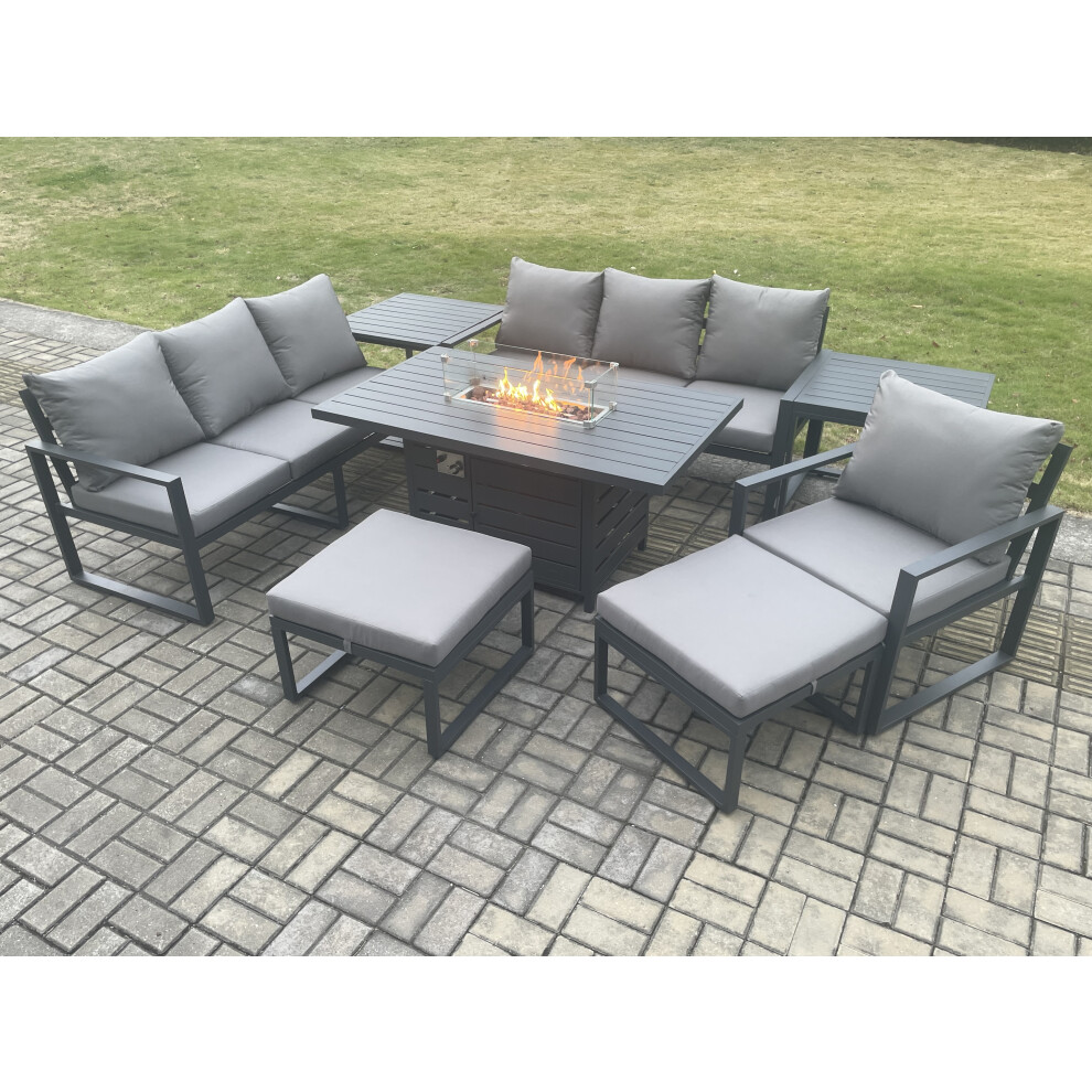 Fimous Dark/Grey 9 Seater Aluminium Garden Furniture Set With Gas Fire Pit Dining Table, 2 Sofas, 2 Side Tables, 2 Footstools & 1 Chair - Image 3