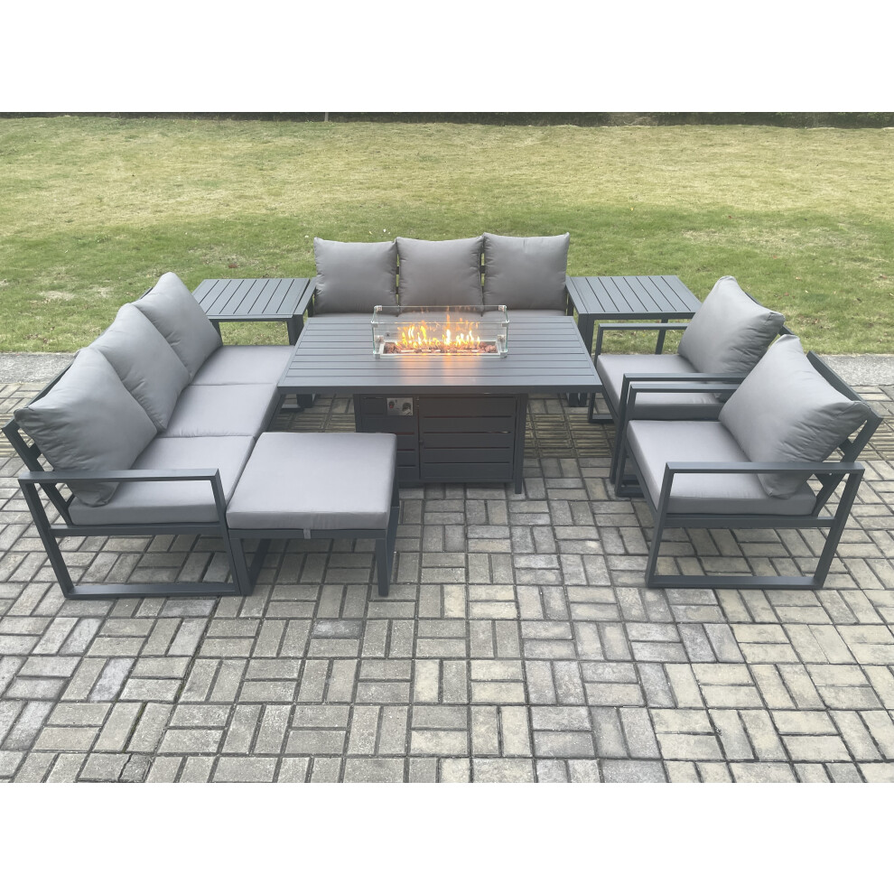 Fimous Dark/Grey Aluminium Outdoor Garden Furniture Set Patio Lounge Sofa Gas Fire Pit Dining Table Set With Big Footstool 2 Side Tables - Image 3