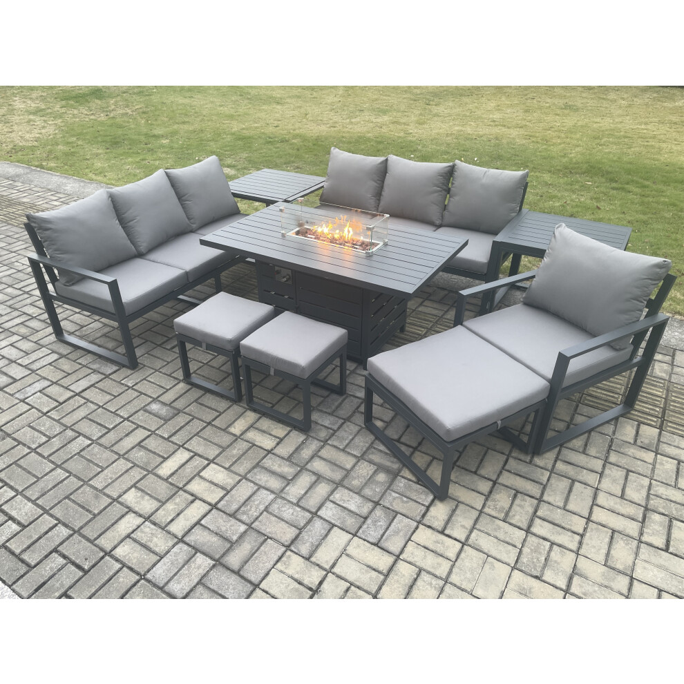 Fimous Unisex Dark Grey Aluminium Pieces Garden Furniture Sofa Set With Cushions 10 Seater Gas Fire Pit Dining Table Set With 2 Side Tables 3 Footstools In Size 9 - Image 3