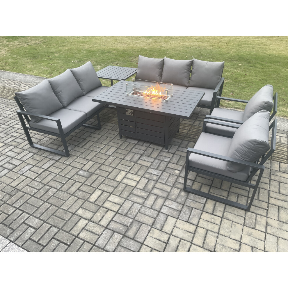 Fimous Aluminium 6 Pieces Garden Furniture Sofa Set 8 Seater Gas Fire Pit Dining Table Set Side Table - Image 3