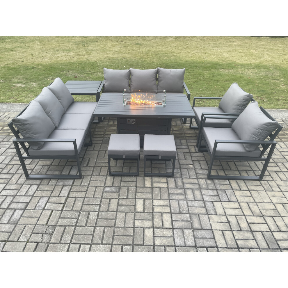 Rackhams Dark/Grey Aluminium Outdoor Garden Furniture Set Patio Lounge Sofa Gas Fire Pit Dining Table Set With 2 Small Footstools Side Table - Image 3