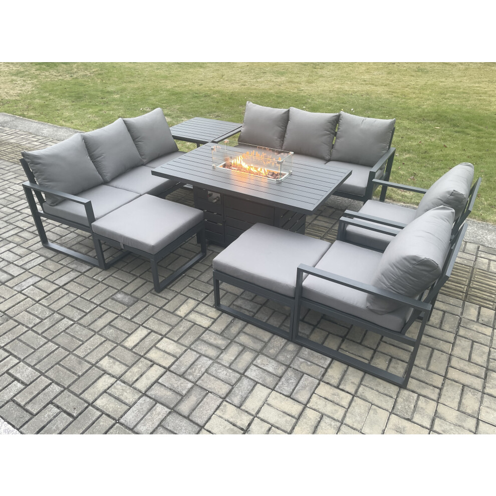 Aluminium Outdoor Garden Furniture Set Patio Lounge Sofa Gas Fire Pit Dining Table Set with Side Table 2 Big Footstools Dark Grey