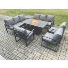 Fimous Aluminium Garden Furniture Outdoor Set Patio Lounge Sofa Gas Fire Pit Dining Table Set with 3 Armchair Dark Grey