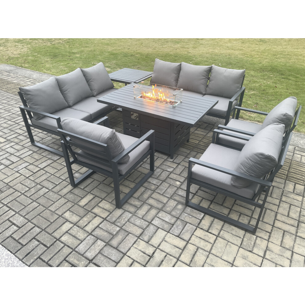 Fimous Aluminium Garden Furniture Outdoor Set Patio Lounge Sofa Gas Fire Pit Dining Table Set With 3 Armchair Dark Grey