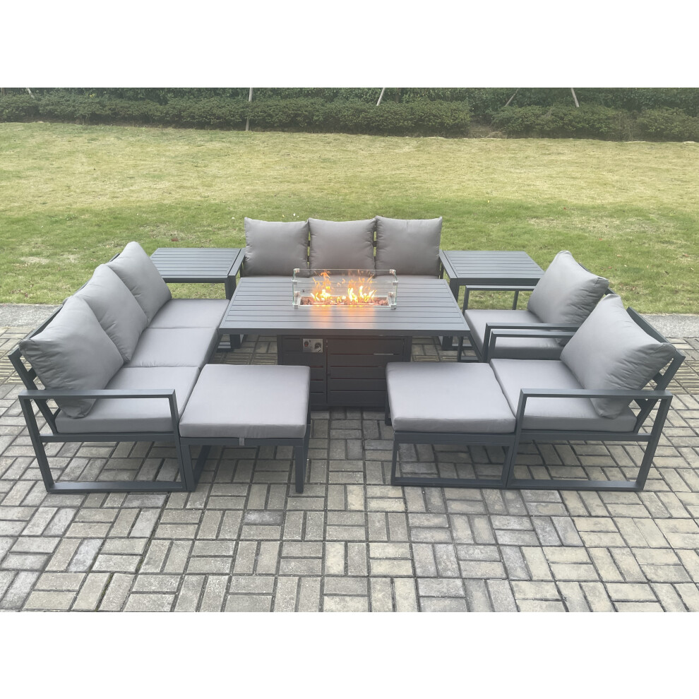 Fimous Dark/Grey Aluminium Outdoor Garden Furniture Set Patio Lounge Sofa Gas Fire Pit Dining Table Set With 2 Side Tables 2 Big Footstools - Image 3