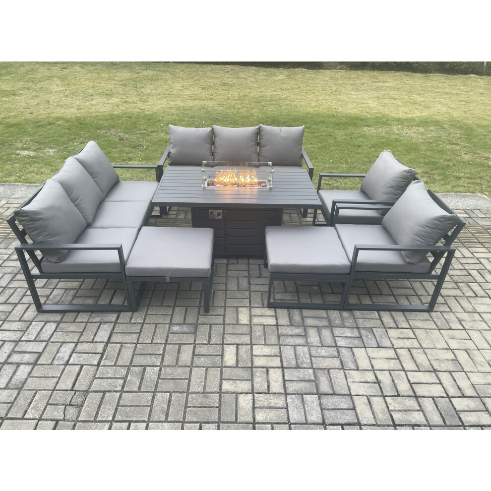 Fimous Dark/Grey Aluminium Outdoor Garden Furniture Set Patio Lounge Sofa Gas Fire Pit Dining Table Set With 2 Big Footstools - Image 3