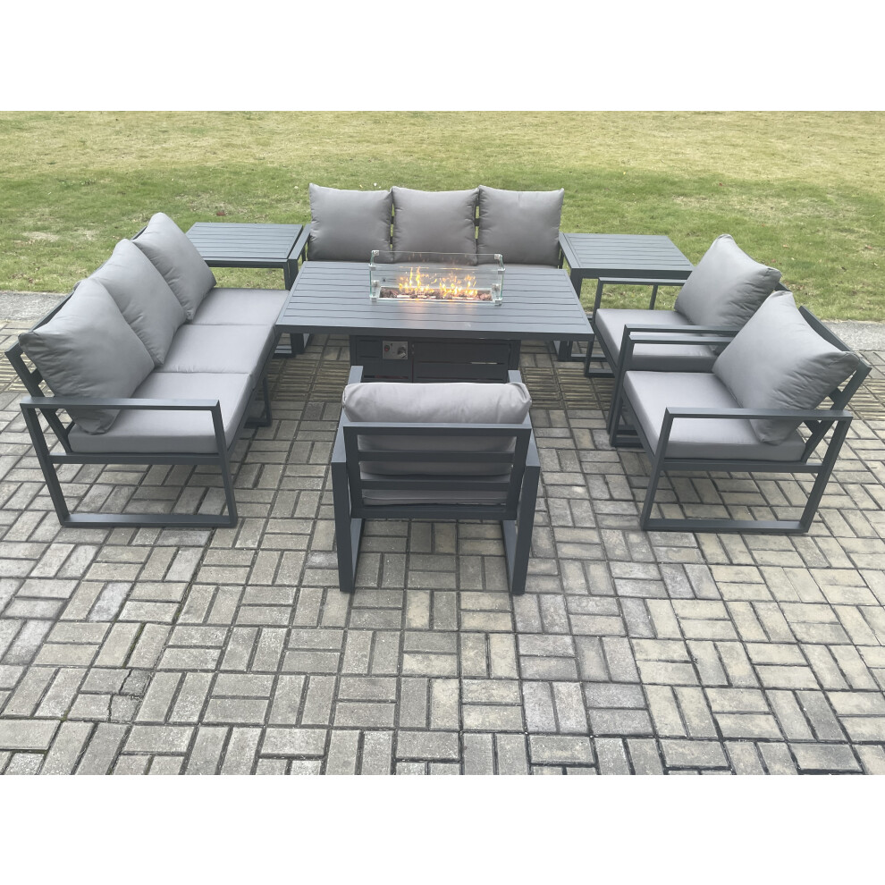 Fimous Aluminium Garden Furniture Outdoor Set Patio Lounge Sofa Gas Fire Pit Dining Table Set With 3 Armchair 2 Dark Grey