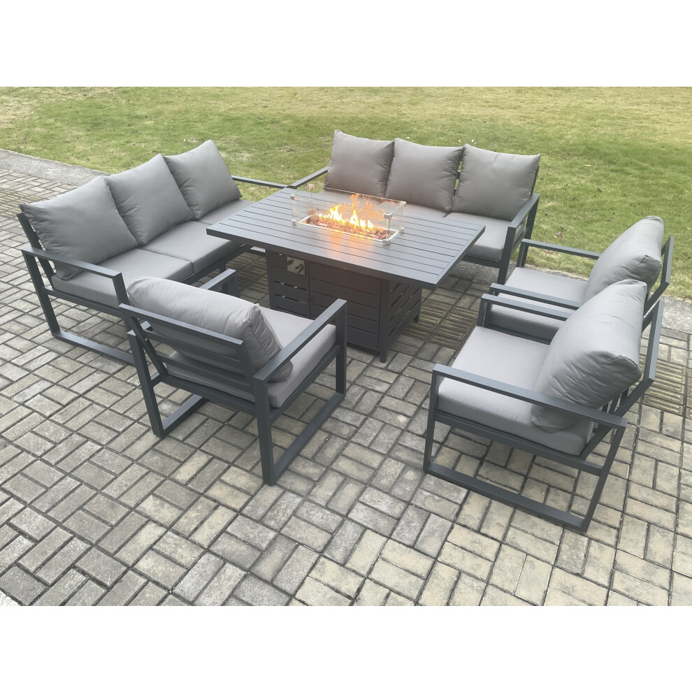 Fimous Aluminium Garden Furniture Outdoor Set Patio Lounge Sofa Gas Fire Pit Dining Table Set With 3 Armchair Dark Grey