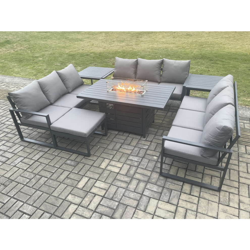 Aluminium 10 Seater Garden Furniture Outdoor Set Patio Lounge Sofa Gas Fire Pit Dining Table Set with Big Footstool 2 Side Tables