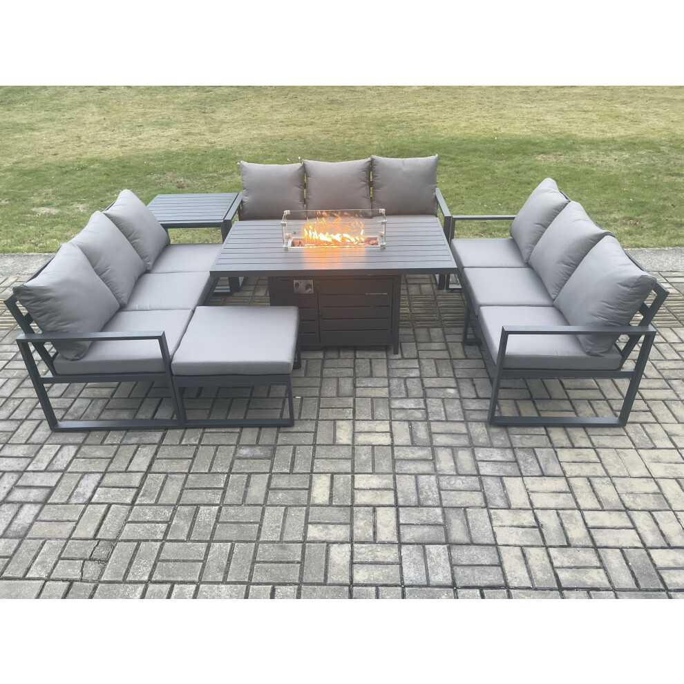 Fimous Dark/Grey Aluminium 10 Seater Garden Furniture Outdoor Set Patio Lounge Sofa Gas Fire Pit Dining Table Set With Big Footstool Side Table - Image 3