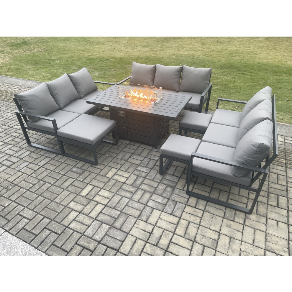 Fimous Aluminium Garden Furniture Outdoor Set Patio Lounge Sofa Gas Fire Pit Dining Table Set with 3 Footstools Dark Grey-image-OPC-PDPF5M5-NEW