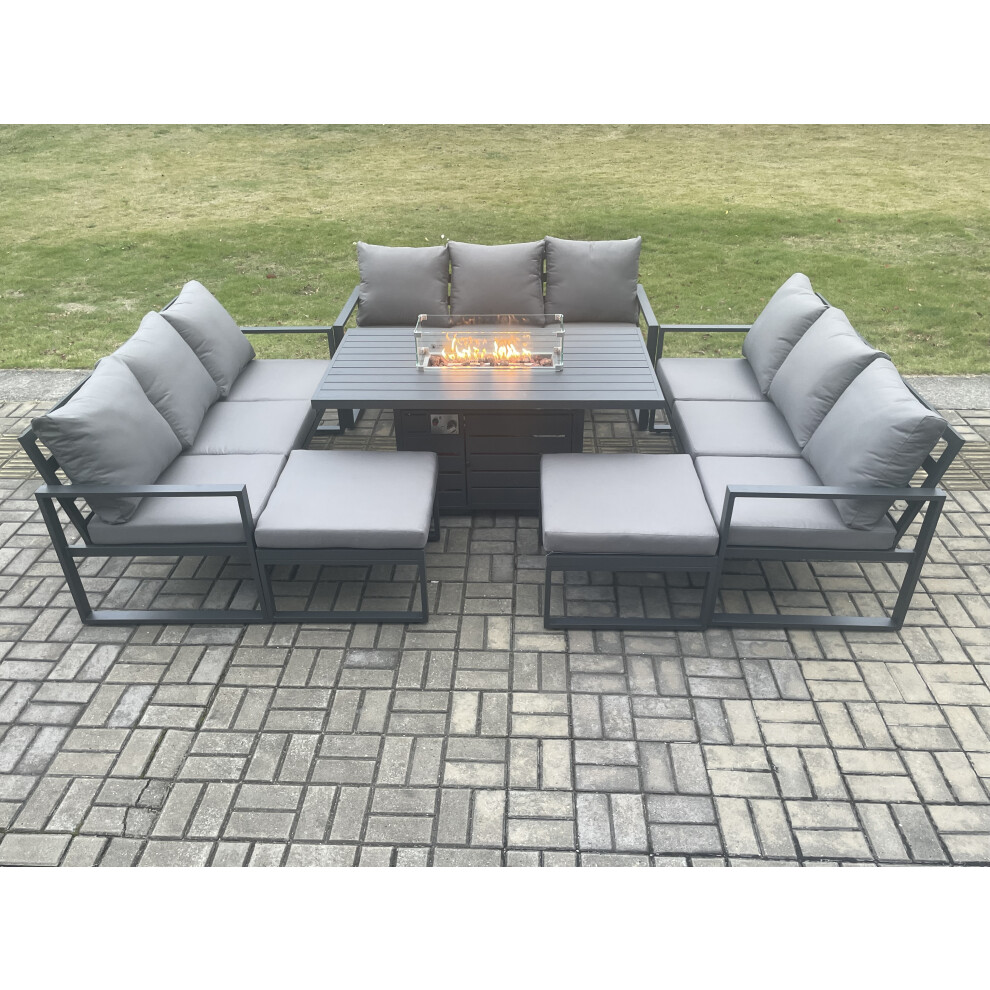 Fimous Aluminium 11 Seater Garden Furniture Outdoor Set Patio Lounge Sofa Gas Fire Pit Dining Table Set With 2 Big Footstools Dark Grey