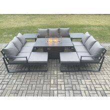 Fimous Aluminium 11 Seater Garden Furniture Outdoor Set Patio Lounge Sofa Gas Fire Pit Dining Table Set with 2 Big Footstools 2 Dark Grey