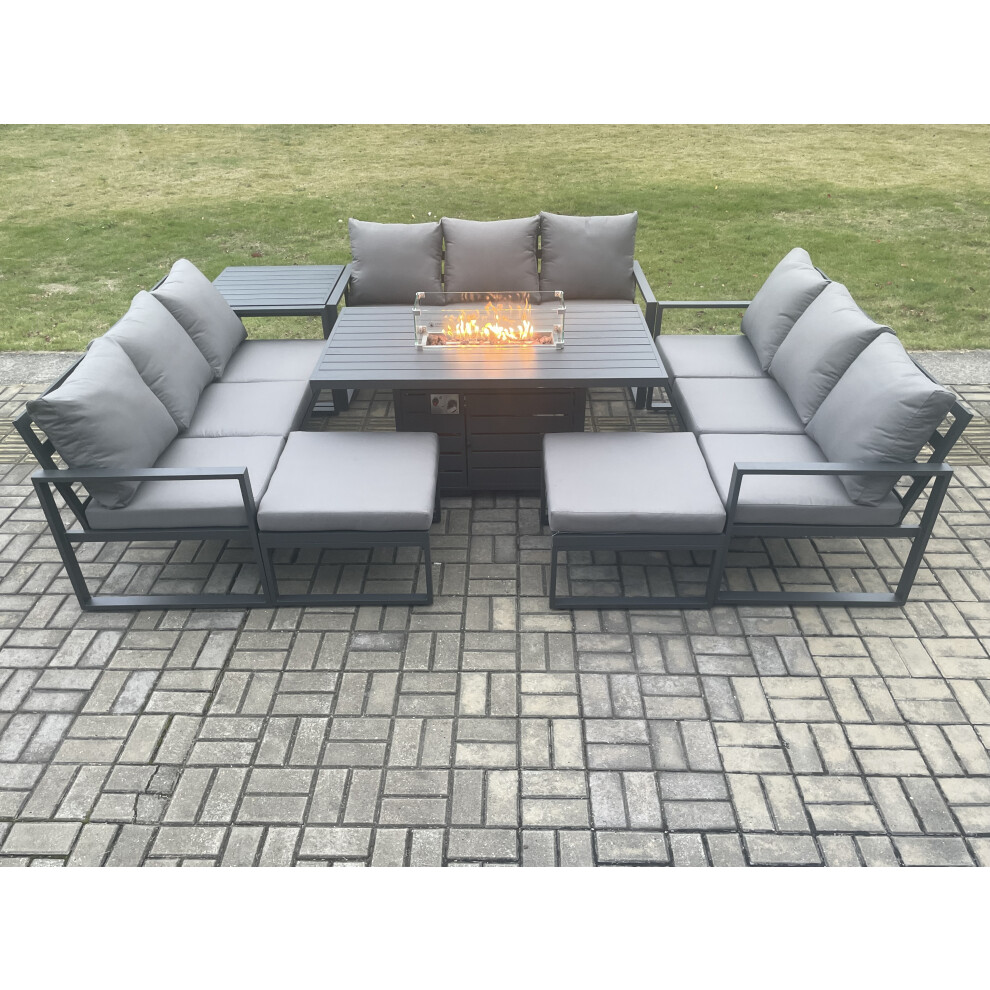 Fimous Dark/Grey Aluminium 11 Seater Garden Furniture Outdoor Set Patio Lounge Sofa Gas Fire Pit Dining Table Set With 2 Big Footstools Side Table - Image 3