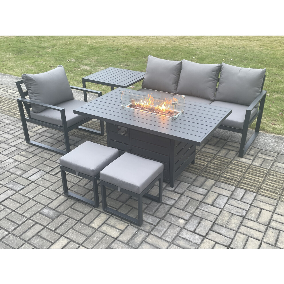 Fimous Dark/Grey Aluminium 6 Pieces Garden Furniture Sofa Set With Cushions Gas Fire Pit Dining Table Set With 2 Small Footstools Side Table - Image 3
