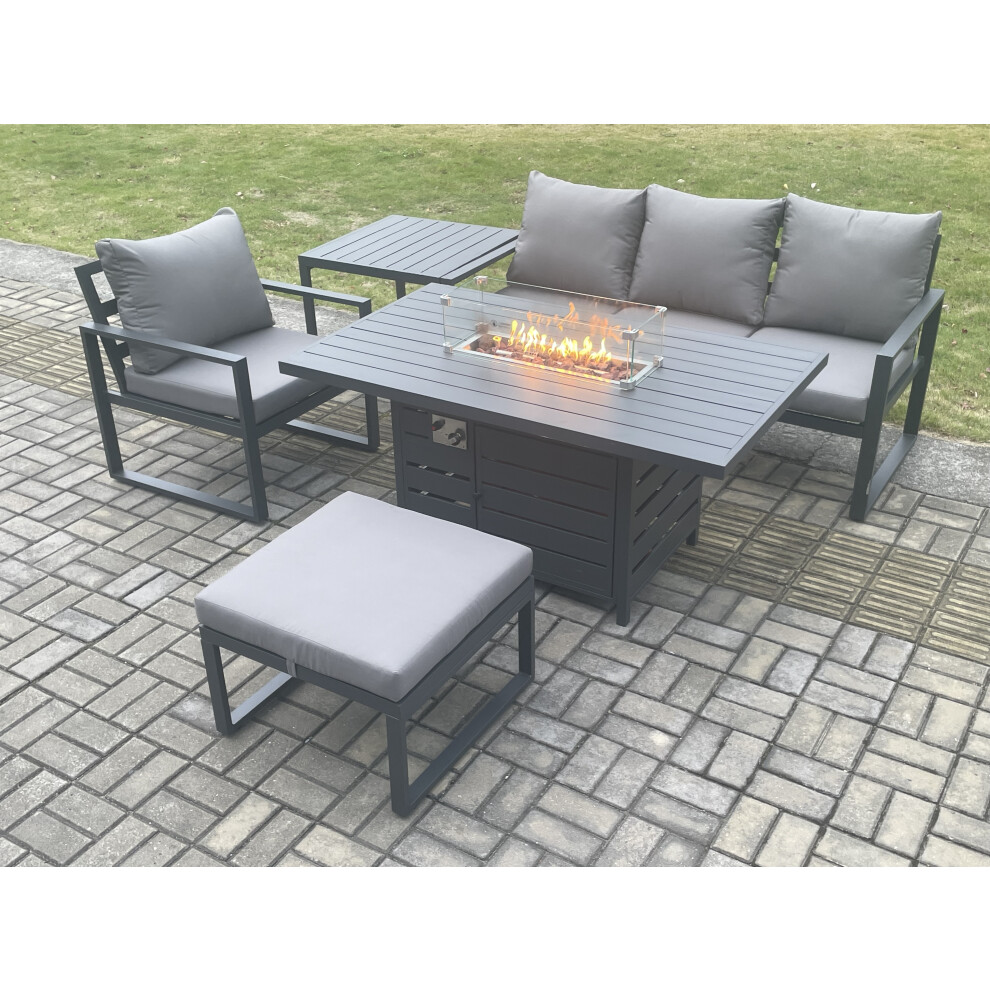 Fimous Aluminium 5 Pieces Garden Furniture Sofa Set Gas Fire Pit Dining Table Set Side Table Big Footstool - Image 3
