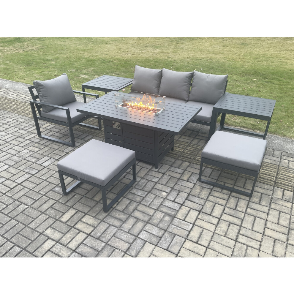 Fimous Unisex Dark Grey Aluminium Pieces Garden Furniture Sofa Set With Cushions Gas Fire Pit Dining Table Set With 2 Big Footstools 2 Side Tables Size 7 - Image 3
