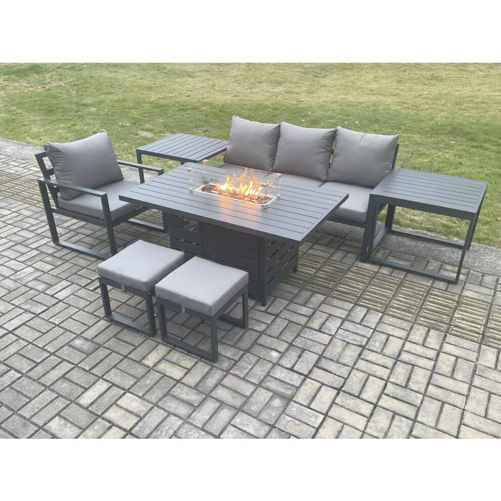 Fimous Aluminium 7 Pieces Garden Furniture Sofa Set Gas Fire Pit Dining Table Set 2 Stools 2 Side Tables - Image 3