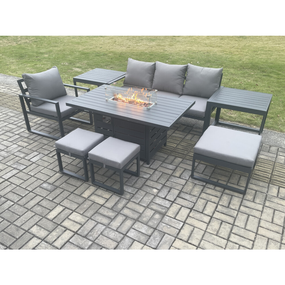 Fimous Unisex Dark Grey Aluminium Pieces Garden Furniture Sofa Set With Cushions Gas Fire Pit Dining Table Set With 3 Footstools 2 Side Tables Size 8 - Image 3
