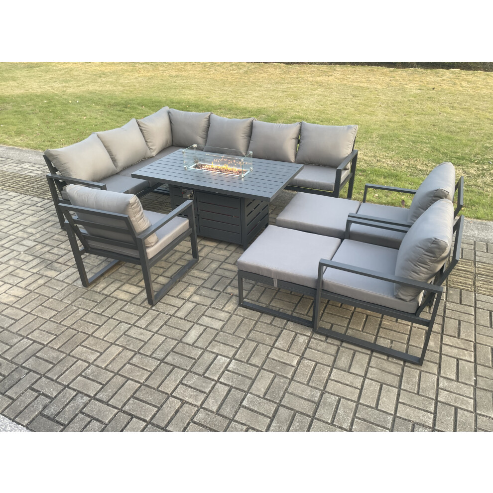 Rackhams Dark/Grey Aluminium Patio Outdoor Garden Furniture Corner Sofa Set Gas Fire Pit Dining Table With 3 Chairs 2 Big Footstools - Image 3