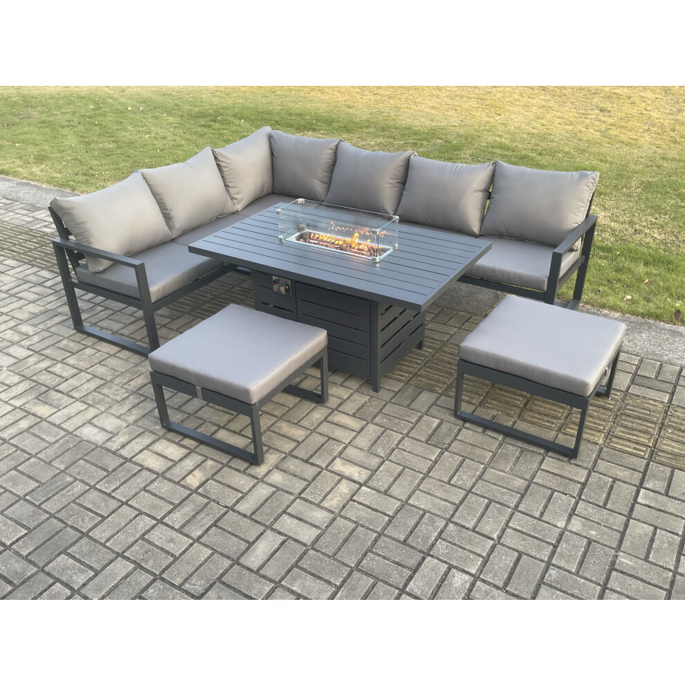 Rackhams Dark/Grey Aluminium Patio Outdoor Garden Furniture Corner Sofa Set Gas Fire Pit Dining Table With 2 Big Footstools - Image 3