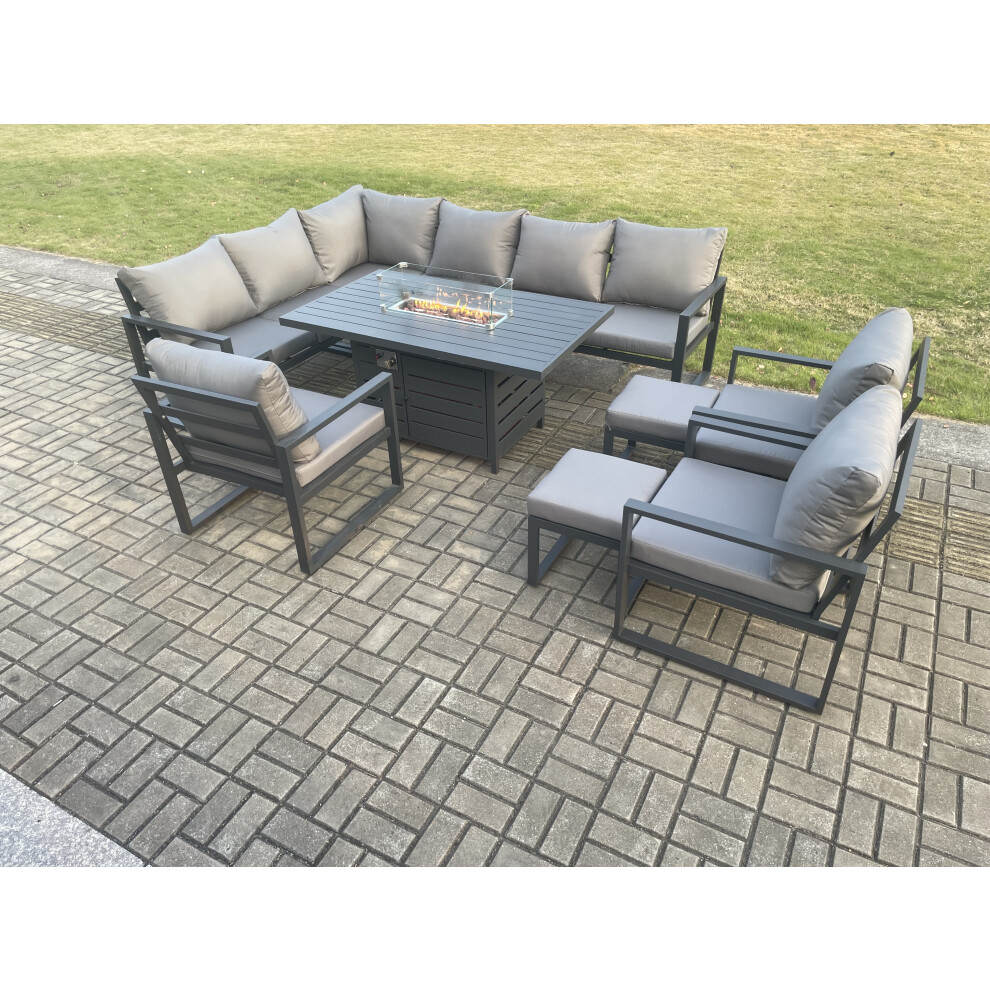 Fimous Unisex Dark Grey Aluminium Patio Outdoor Garden Furniture Corner Sofa Set Gas Fire Pit Dining Table With Chairs 2 Footstools Size 3 - Image 3
