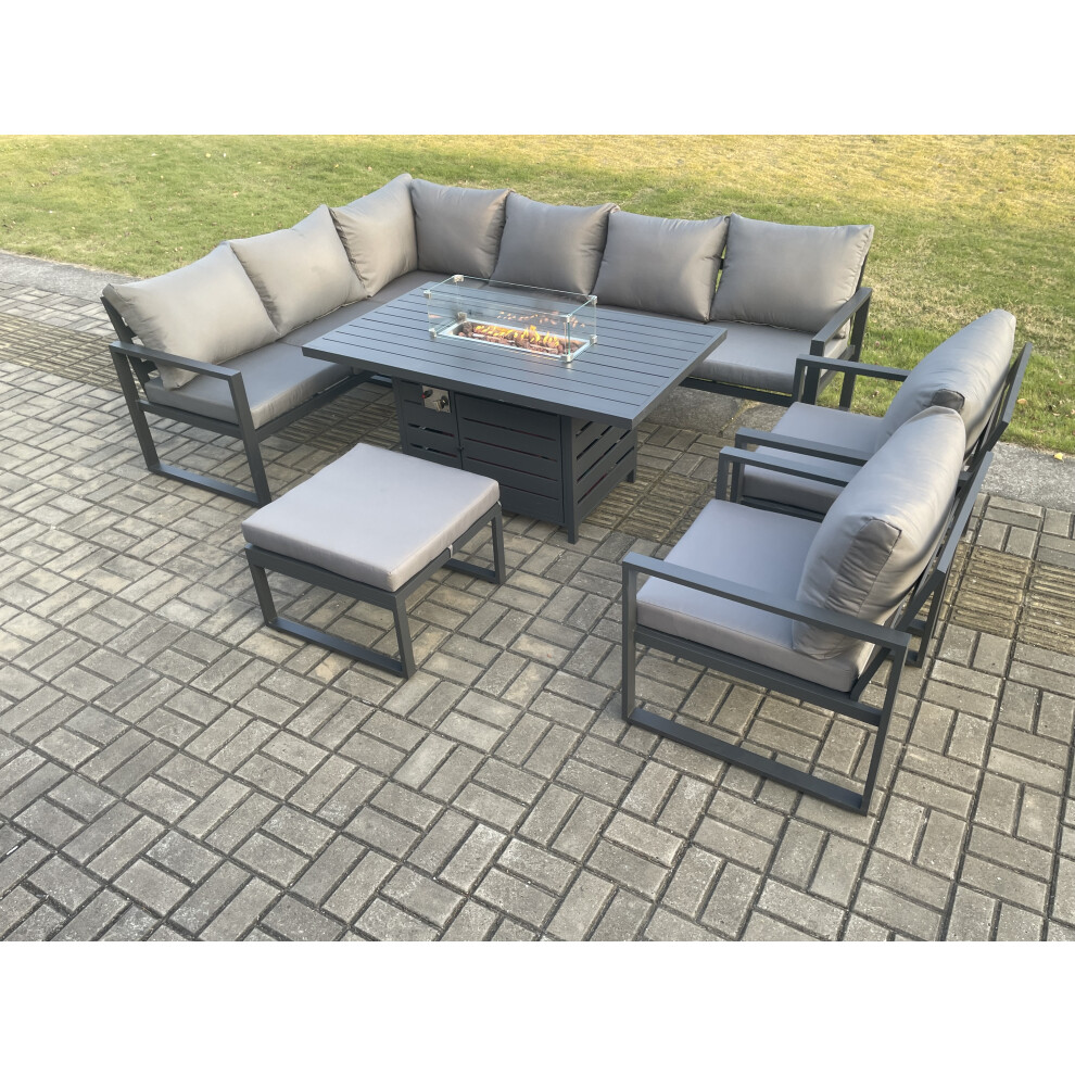 Rackhams Dark/Grey Aluminium Outdoor Garden Furniture Corner Sofa Gas Fire Pit Dining Table Sets Gas Heater Burner With 2 Chairs Big Footstool 9 Seater - Image 3