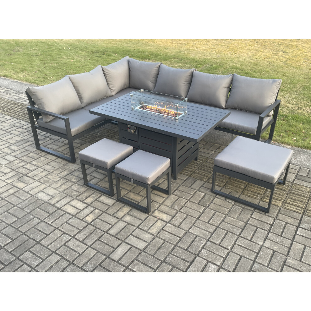 Fimous Unisex Dark Grey Aluminium Pieces Garden Furniture Corner Sofa Set With Cushions Gas Fire Pit Dining Table Set With 3 Footstools Size 8 - Image 3