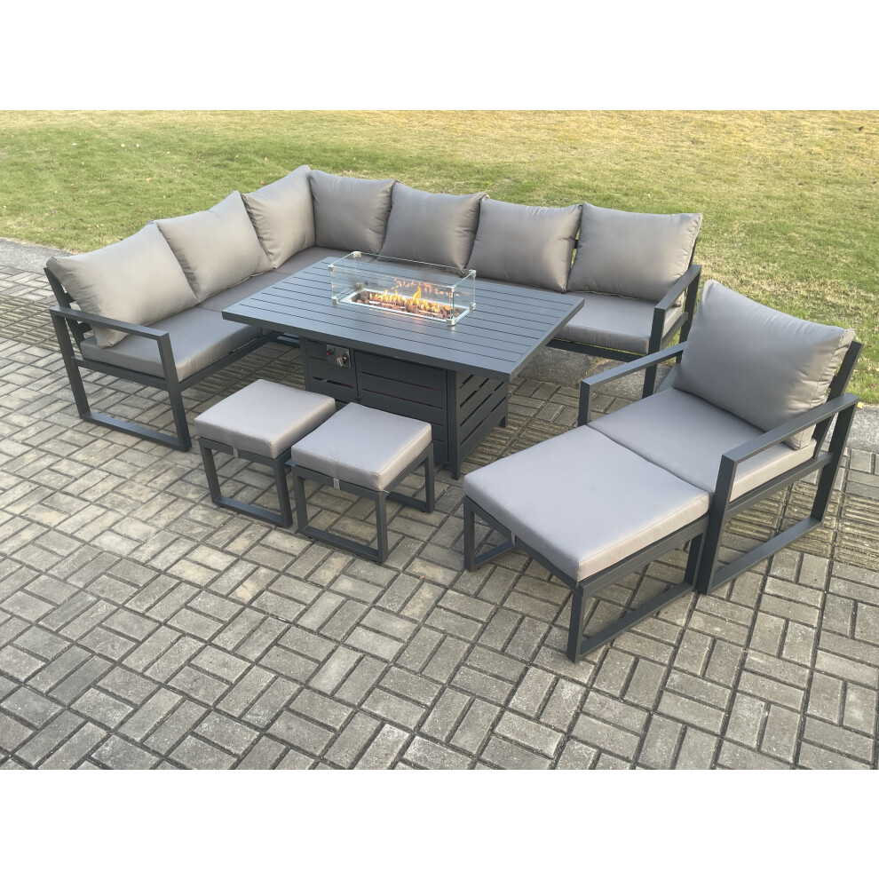 Fimous Unisex Dark Grey Aluminium Pieces Garden Furniture Corner Sofa Set With Cushions Gas Fire Pit Dining Table Set With Chair 3 Footstools Size 9 - Image 3