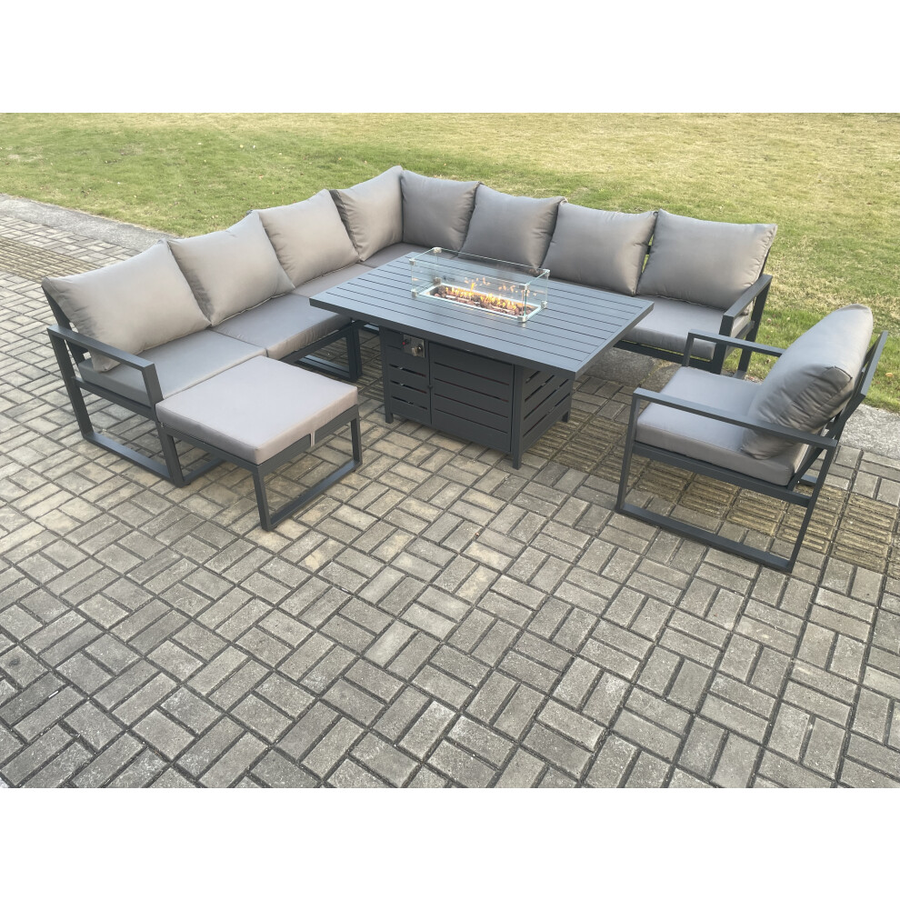 Fimous 9-Seater Aluminium Garden Sofa Set With Gas Fire Pit Table Dark Grey - Image 3