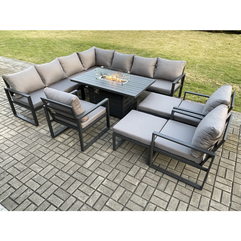 Fimous Aluminium 12 Seater Garden Furniture Outdoor Set Patio Lounge Sofa Gas Fire Pit Dining Table Set with 3 Chair 2 Big Footstools Dark Grey