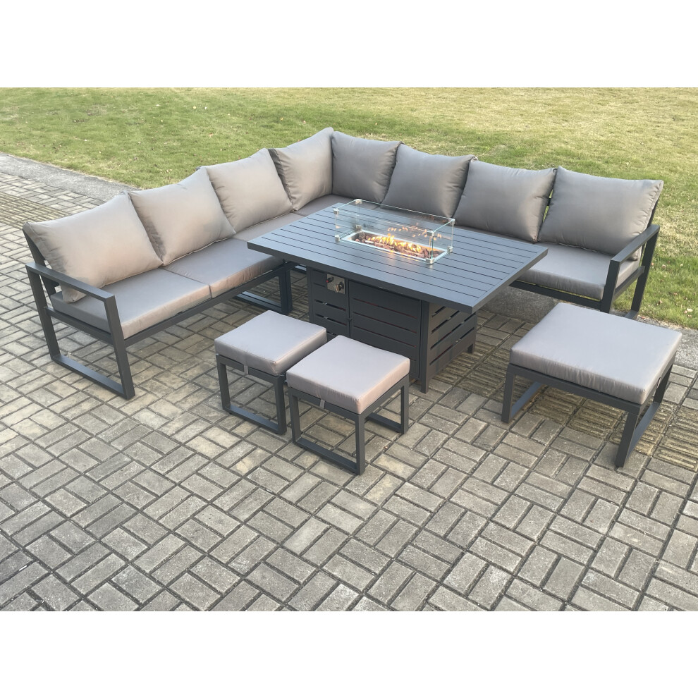 Rackhams Dark/Grey 10 Seater Aluminium Garden Furniture Set With Gas Fire Pit Dining Table, Corner Sofa & 3 Footstools - Image 3