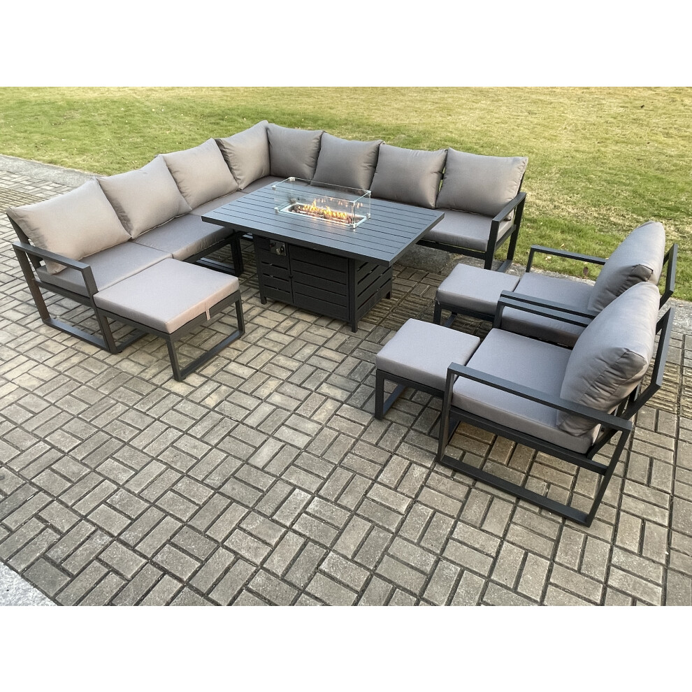 Fimous Aluminium Lounge Corner Sofa Set With Gas Fire Pit Dining Table 11-Seater 2 Chairs 3 Footstools Dark Grey - Image 3