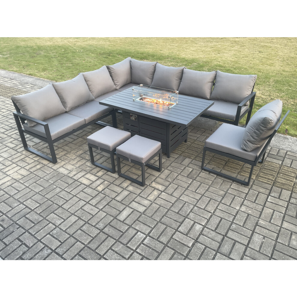 Fimous Aluminium Lounge Corner Sofa Outdoor Garden Furniture Set With Gas Fire Pit Dining Table And 2 Stools Dark Grey - Image 3