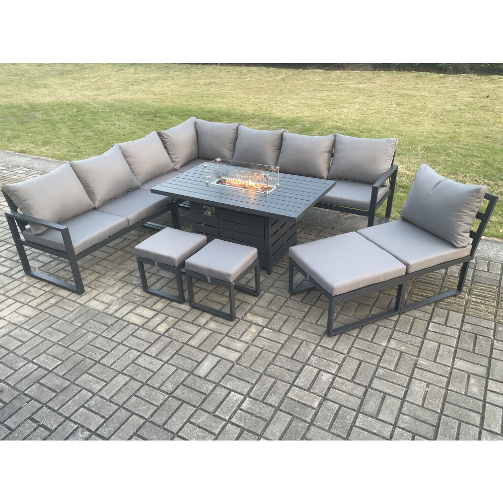 Rackhams Grey 10 Seater Aluminium Outdoor Garden Furniture Set With Gas Fire Pit Dining Table, Corner Sofa & 3 Footstools - Image 3