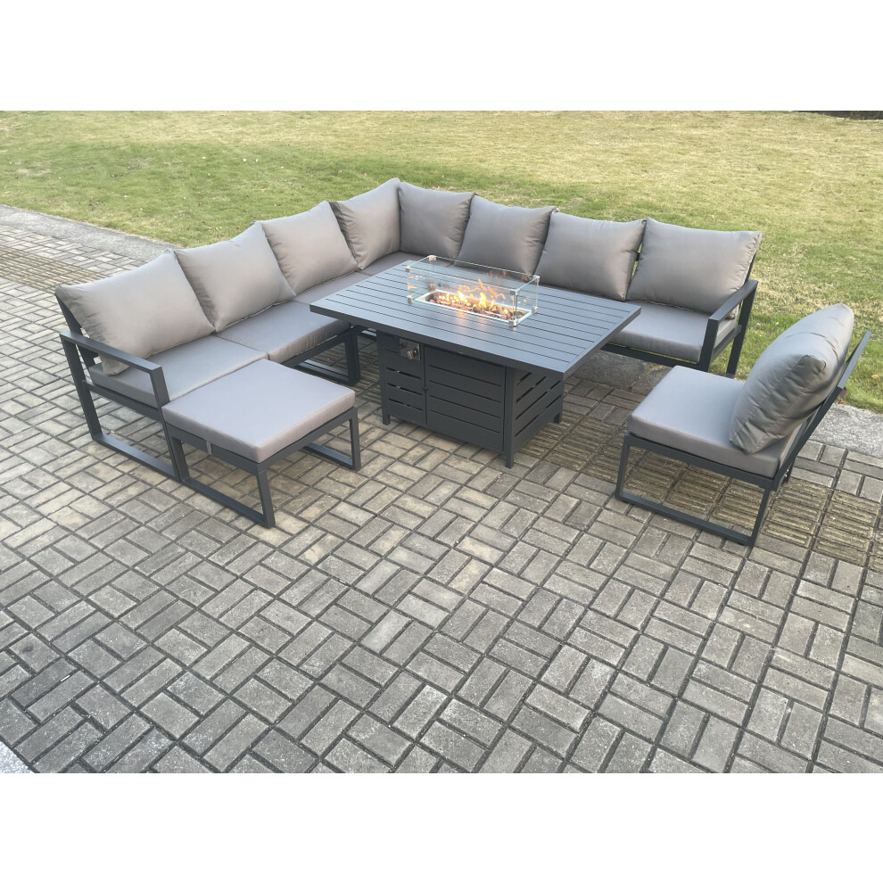 Fimous Aluminium Lounge Corner Sofa Outdoor Garden Furniture Sets Gas Fire Pit Dining Table Set with Big Footstool Dark Grey-image-OPC-PDPF5P9-NEW