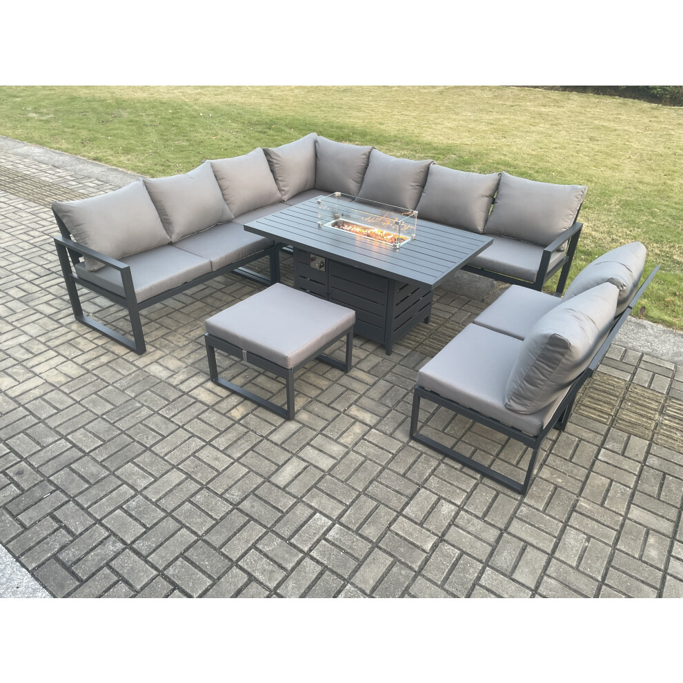 Fimous Aluminium 10 Seater Lounge Corner Sofa Outdoor Garden Furniture Sets Gas Fire Pit Dining Table Set With Big Footstool Dark Grey