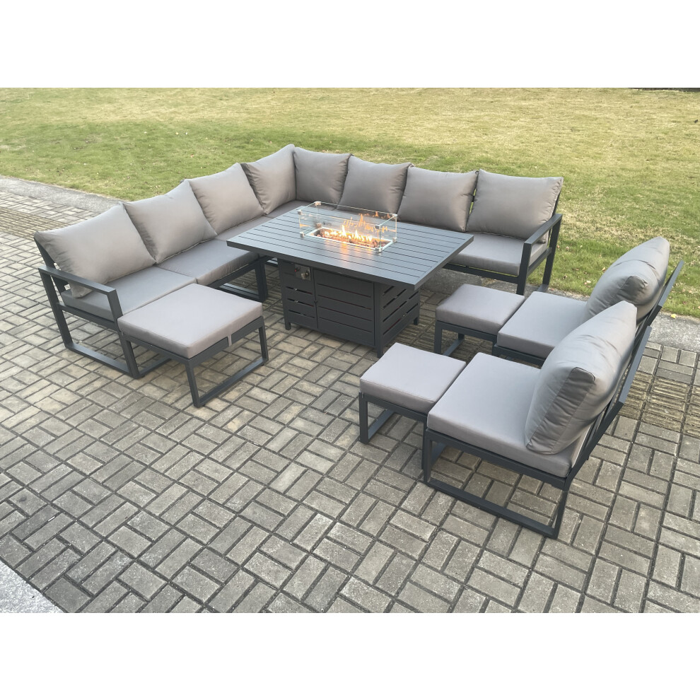 Fimous Dark/Grey Aluminium 12 Seater Lounge Corner Sofa Outdoor Garden Furniture Sets Gas Fire Pit Dining Table Set With 3 Footstools - Image 3