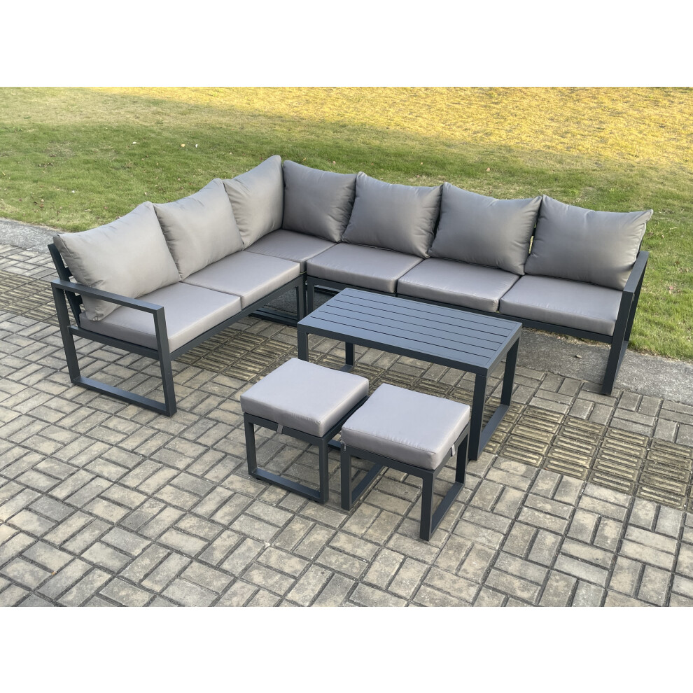Fimous Aluminium Garden Furniture Set Outdoor Indoor Lounge Corner Sofa Oblong Coffee Table Sets with 2 Small Footstools Dark Grey