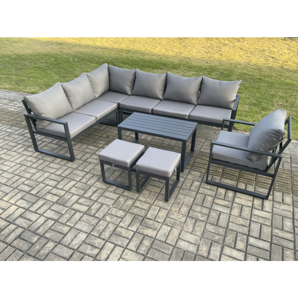 Fimous Aluminium Garden Furniture Set Outdoor Indoor Lounge Corner Sofa Chair Oblong Coffee Table Sets with 2 Small Footstools Dark Grey
