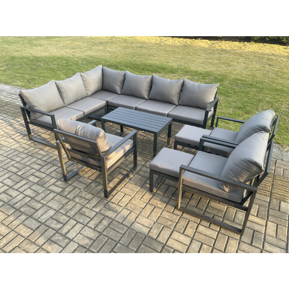 Fimous Unisex Dark Grey Aluminium Garden Furniture Set Outdoor Indoor Lounge Corner Sofa 3 Pcs Chair Oblong Coffee Table Sets With 2 Footstools Small - Image 2